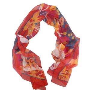 Trevira Vintage Floral Scarf 63x15 Red Orange Yellow Blue Floral Long Rectangle